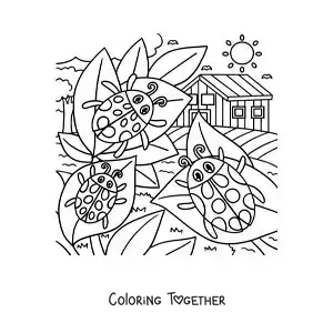 Coloring page of cartoon ladybugs in a garden