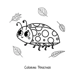 Coloring page of a kawaii ladybug with leaves
