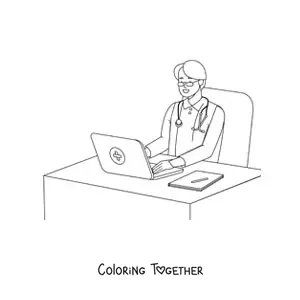 Coloring page of a doctor sitting at a desk in an office
