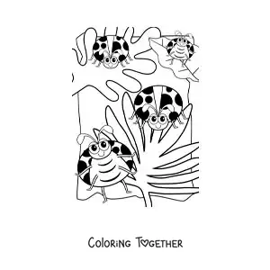 Coloring page of cartoon ladybugs in a garden