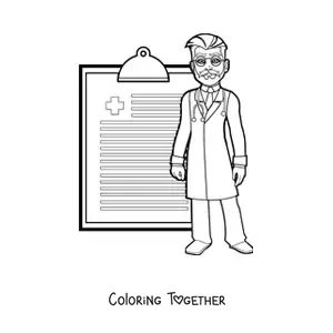 Coloring page of a doctor next to a medical prescription