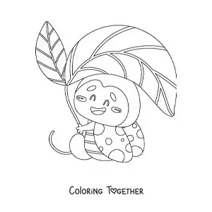 Coloring page of a cartoon ladybug with a leaf