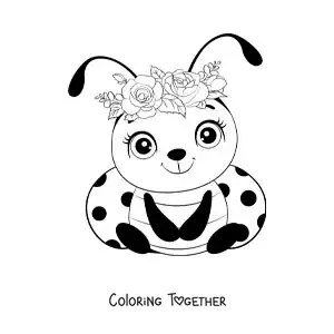 Coloring page of a cute baby ladybug with flowers