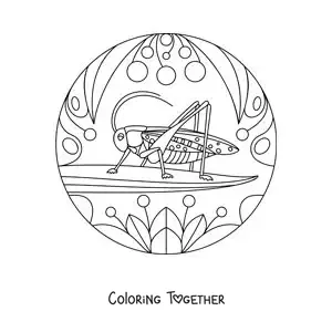 Coloring page of a cricket with flowers