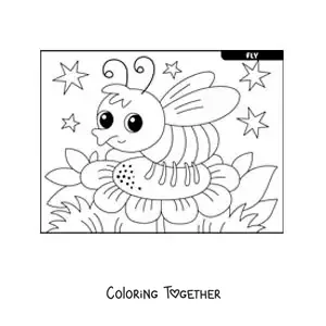 Coloring page of a cartoon housefly on a flower