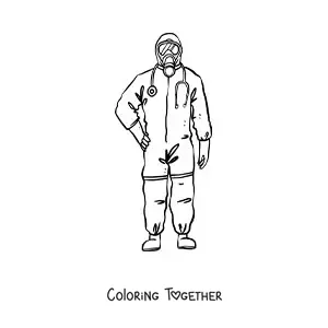 Coloring page of a doctor in a protective suit