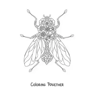 Coloring page of a fly with flowers