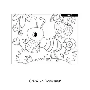 Coloring page of a kawaii ant hard at work gathering strawberries