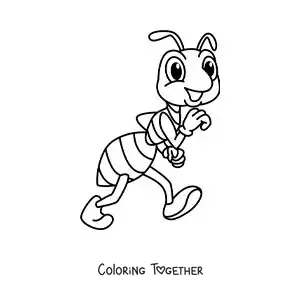 Coloring page of a funny cartoon ant walking