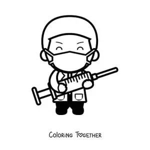 Coloring page of a kawaii doctor with a face mask holding a syringe