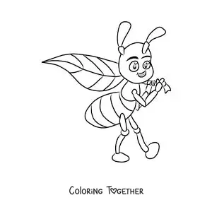 Coloring page of a cartoon ant carrying a leaf