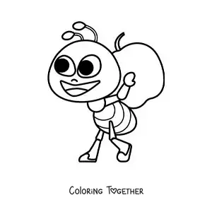 Coloring page of a cartoon ant gathering food