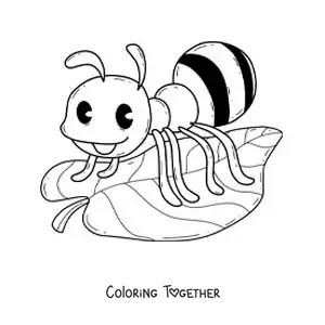 Coloring page of a cartoon ant on a leaf