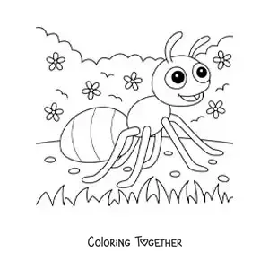 Coloring page of a cartoon ant in a garden