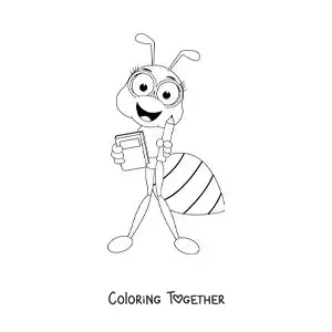 Coloring page of a studious cartoon ant
