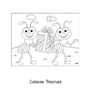 Coloring page of cartoon ants working as a team