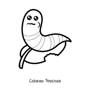 Coloring page of a cute kawaii worm eating a leaf
