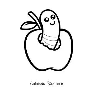 Coloring page of a little kawaii worm on an apple