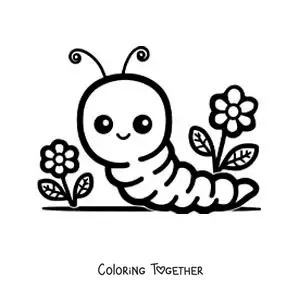 Coloring page of a kawaii cartoon earthworm with flowers