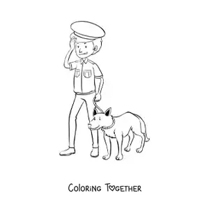 Coloring page of a police officer with a police dog