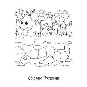 Coloring page of a cartoon earthworm eating a leaf