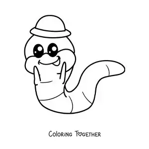 Coloring page of a funny kawaii earthworm with a hat