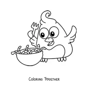 Coloring page of a cartoon bird eating a plate of worms