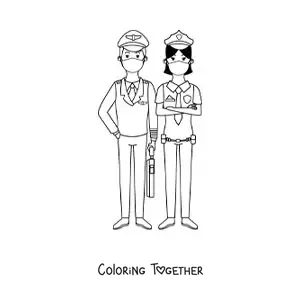 Coloring page of a couple of police officers with face masks