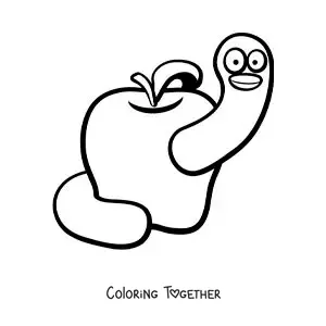 Coloring page of a cartoon worm in an apple