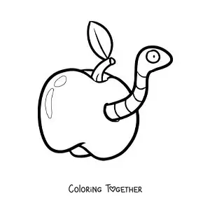 Coloring page of a funny cartoon worm in an apple