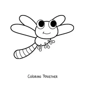 Coloring page of a cartoon dragonfly flying
