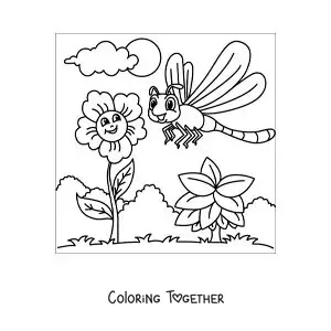 Coloring page of a cartoon dragonfly next to some flowers