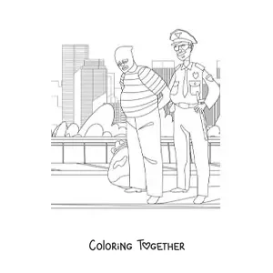 Coloring page of a police officer arresting a thief