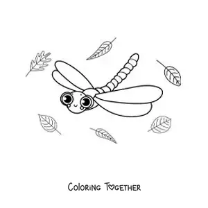 Coloring page of a beautiful cartoon dragonfly flying with leaves