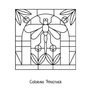 Coloring page of a stained glass window with a dragonfly and flowers