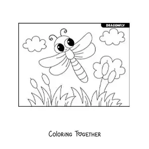 Coloring page of a kawaii dragonfly flying in a garden