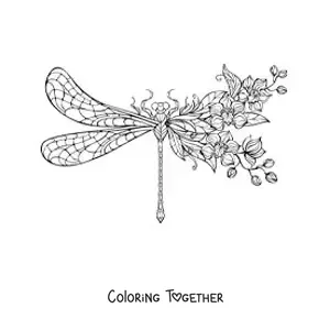 Coloring page of a beautiful dragonfly with flowers
