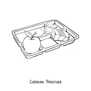 Coloring page of a school lunch tray with an apple and a juice box