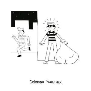 Coloring page of a police officer chasing a thief at night