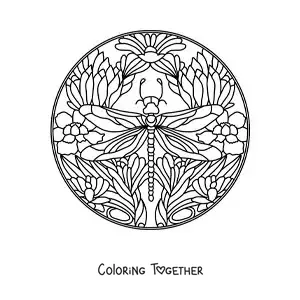 Coloring page of a dragonfly mandala with flowers