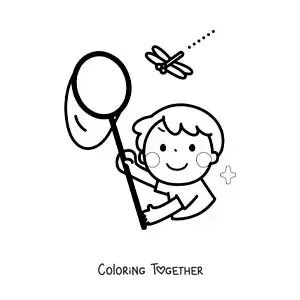 Coloring page of a boy catching a dragonfly with a net