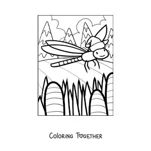 Coloring page of a cartoon dragonfly with a Christmas hat