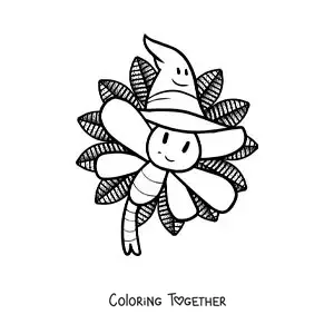 Coloring page of a cartoon dragonfly with a Halloween hat