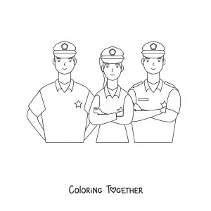 Coloring page of three police officers looking ahead