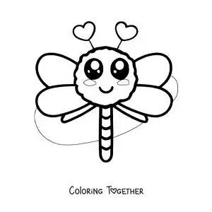 Coloring page of a kawaii dragonfly with hearts