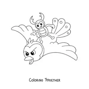Coloring page of a cartoon stag beetle flying on a bird