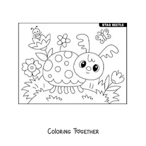 Coloring page of a cartoon stag beetle in a garden with flowers