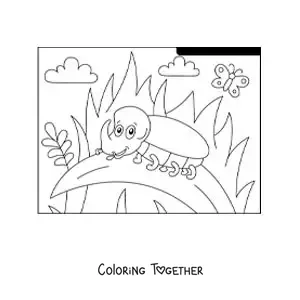 Coloring page of a cartoon rhinoceros beetle in a garden