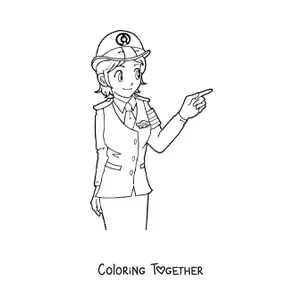 Coloring page of a cartoon female police officer