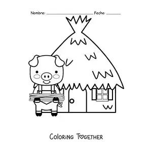 Coloring page of one of the three little pigs with his straw house